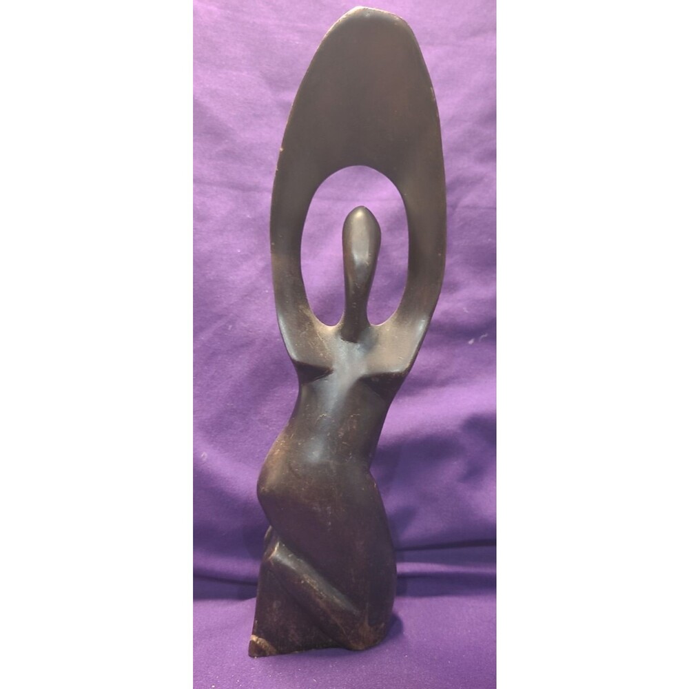 Vintage 1960s Abstract Modernist Woman Reach to Sky Dark Wood Carving 12"